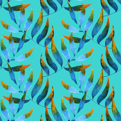 Seamless pattern of blue orange tropical leaves. Watercolor hand drawn illustration. On a blue green background. For fabric, sketchbook, wallpaper, wrapping paper.
