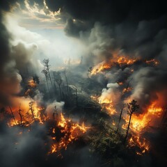 Fototapeta na wymiar fire in the forest, Drone, fire and smoke with forest in nature for deforestation, climate change and ecology. Ai generated, plants and timber with landscape of woods flame for earth, disaster and wil