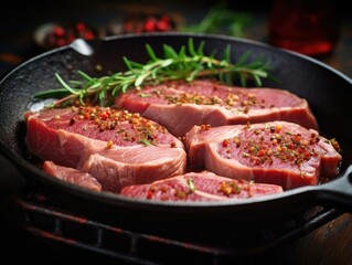 Raw Pork Neck Steaks in a frying pan, close-up shot