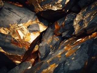 Visible veins of gold in the rocky wall of a mine, close-up shot