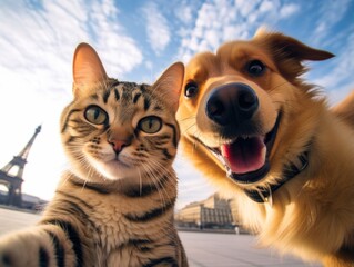 A cute dog and cat both smiles while taking a selfie together in front of the Eiffel Tower