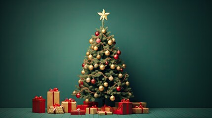 New Year's tree decorated with New Year's balls and garlands in the interiors with gifts