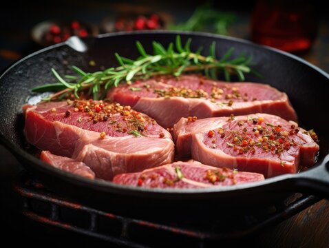 Raw Pork Neck Steaks in a frying pan, close-up shot