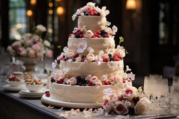 Obraz na płótnie Canvas Majestic wedding cake adorned with charming details and couple at the top., generative IA