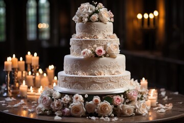 Obraz na płótnie Canvas Majestic wedding cake with lace and delicate flowers., generative IA