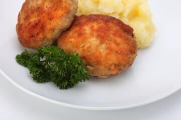 Roast cutlet, mashed potatoes on white plate.