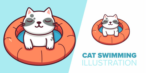 Cartoon Vector Icon of Cute Cat on a Swimming Float: Flat Cartoon Style Nature Illustration