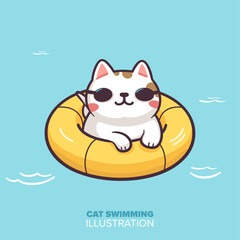 Cute Cat on a Swimming Float Cartoon: Nature Icon Concept in Flat Style Vector
