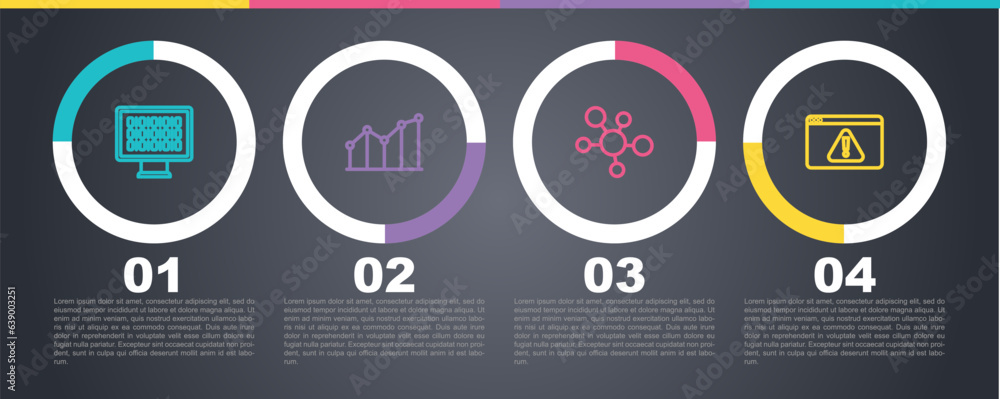Poster set line binary code, pie chart infographic, mind map and browser with exclamation mark. business in
