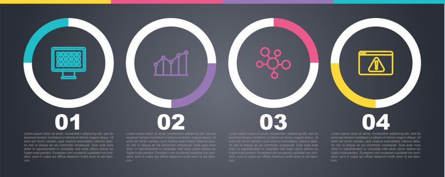 Set line Binary code, Pie chart infographic, Mind map and Browser with exclamation mark. Business infographic template. Vector