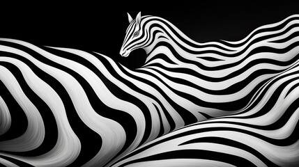 A stream of striped black and white waves formed a figure in the shape of a horse's head. Surreal digital art. A conceptual image. Illustration for cover, card, postcard, interior design, decor, etc.