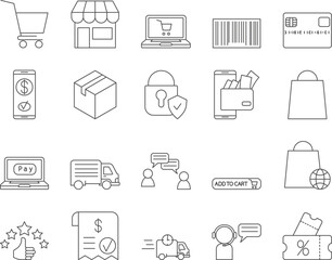 E-commerce Icons Set. Shopping Cart, Store, Digital Wallet. Editable Stroke. Simple Icons Vector Collection