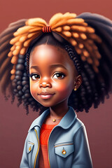 Portrait of a little black girl with beautiful Afro braids. Cute little african smiling girl. Funny, beautiful, little african american black girl with afro hairstyle. The image was created by AI.