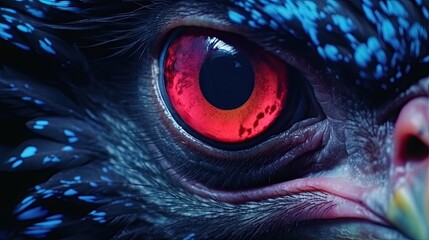 Close-up of a ruffled head of a black bird with red eyes looking at the camera. Crow or raven with mystical bloody eyes. The look of a predator. Illustration for cover, interior design, decor, print.