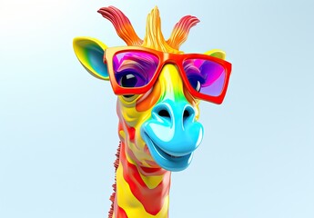 Stylish giraffe wearing a pair of trendy sunglasses. Digital art. Colored figurine made of ceramics, plasticine, plastic, other material. Illustration for cover, card or print.