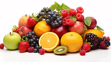 different fruits and berries on a white background 