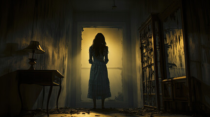 Obraz na płótnie Canvas a spooky woman in a spooky room. halloween ghost concept.