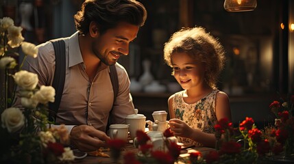 Father and daughter drink tea in a flower garden on a summer sunny day. Tea party with dad in the summer courtyard. Family picnic. Illustration for cover, postcard, interior design, decor or print.
