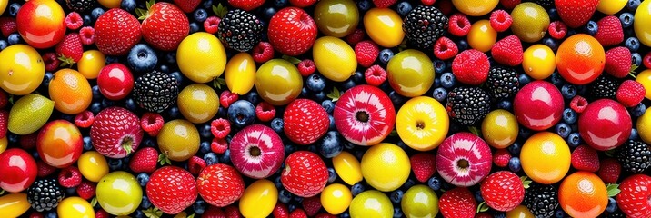 Fototapeta na wymiar Assortment of different fruits and berries, flat lay, top view, apple, strawberry, pomegranate, mango, avocado, orange, lemon, kiwi, peach isolated on white background