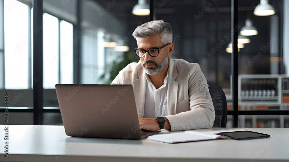 Poster mature indian or latin business man trader using computer, typing, working in modern office, doing o