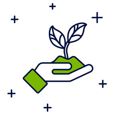 Filled outline Plant in hand of environmental protection icon isolated on white background. Seed and seedling. Planting sapling. Vector