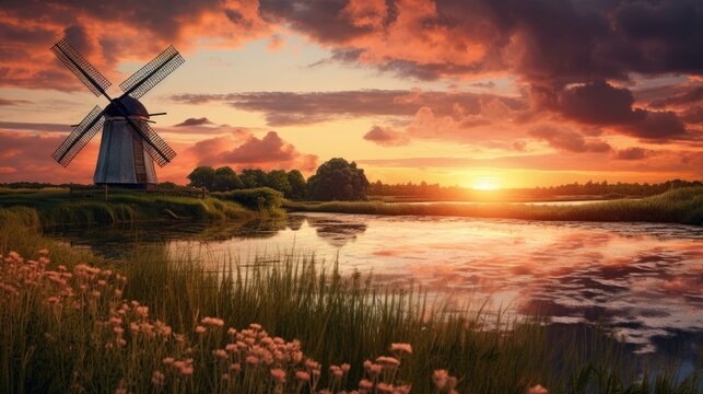 Windmill by the river and flowers at sunset.