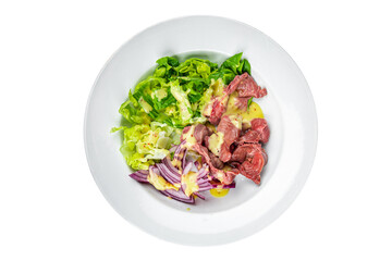 salad chicken stomach offal green lettuce, onion chicken meat offal vegetable meal food snack on the table copy space food background rustic top view