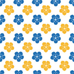 Seamless pattern with blue and yellow flower on white background