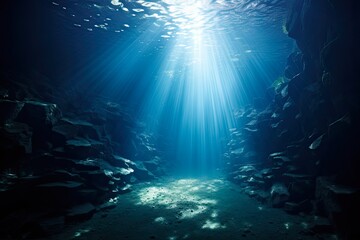 Fototapeta na wymiar Exploring the Enchanting Underwater Cave: Capturing Sun Light and the Dark Depths of the Blue and Black Sea
