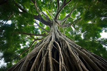 Exploring the Mighty Strangler Fig Tree of Queensland's Rainforest in Australia - A Low Angle View of Majestic Nature - obrazy, fototapety, plakaty