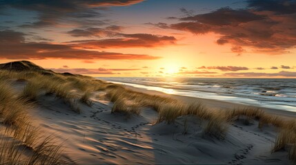 North Sea Dune Beach at Sunset. Breathtaking Panoramic Landscape with Sea Horizon and Sun Reflection on the Waves