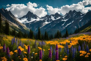 mountain range covered in a blanket of vibrant wildflowers
