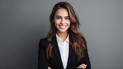 Image of happy young business woman posing isolated over grey wall background