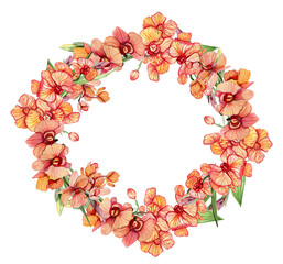 Summer flowers wreath,watercolor illustration for cards,backgrounds. Watercolor illustration for scrapbooking. Cartoon hand drawn background with flower for kids design.Perfect for wedding invitation.