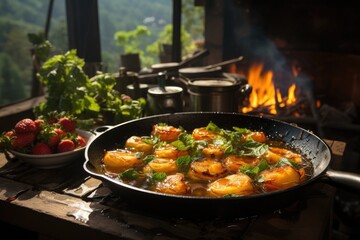 Golden pancake adorned with fresh fruits in rustic kitchen., generative IA