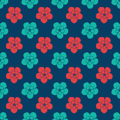 Seamless pattern with blue and pink flower on dark background