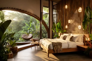 Foto op Aluminium Eco-lodge hotel interior with tropical forest view, creating a serene and relaxing ambiance, surrounded by the nature © Anzhela