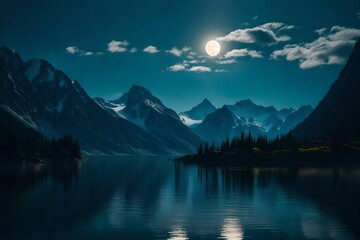 Craft a serene, moonlit scene of a calm lake surrounded by towering mountains