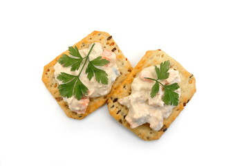 Tuna spread with cracker isolated on white background. Tuna spread salad isolated.