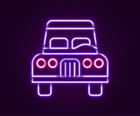 Glowing neon line Car icon isolated on black background. Front view. Colorful outline concept. Vector