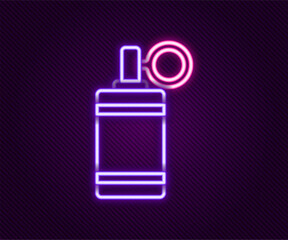 Obraz premium Glowing neon line Hand grenade icon isolated on black background. Bomb explosion. Colorful outline concept. Vector