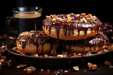 Chocolate donut with hazelnut beside steady coffee., generative IA