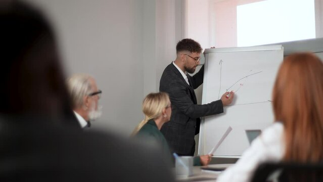 Tracking shot from back to confident businessman giving drawing presentation on flipchart to colleagues in boardroom. Executive male manager showing explaining new company strategy, slow motion.