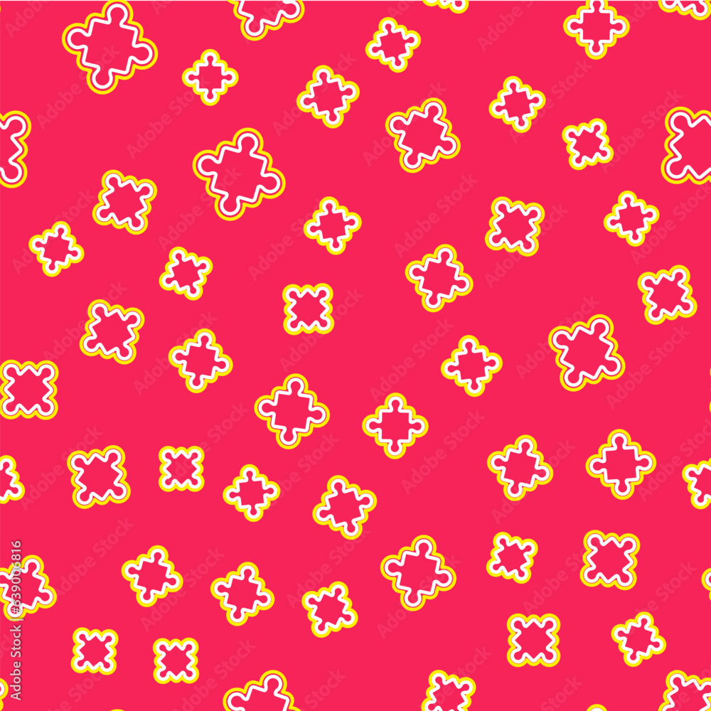 Poster line puzzle pieces toy icon isolated seamless pattern on red background. vector