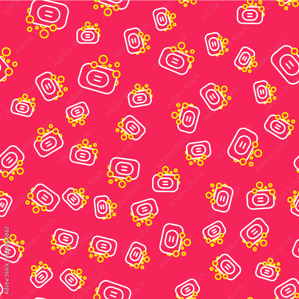 Poster line bar of soap icon isolated seamless pattern on red background. soap bar with bubbles. vector