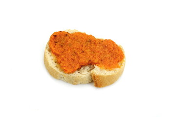 Tuna spread pate with mixed vegetable   on white bread isolated on white background. Tuna pesto. 