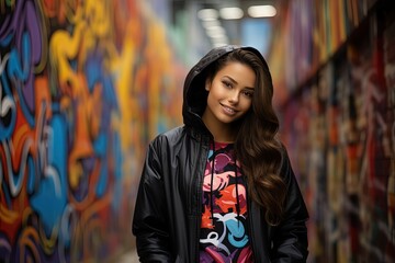 Fototapeta premium a woman wearing jacket with graffiti wall behind, female street fashion portrait, Generative Ai