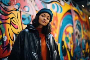 a woman wearing jacket with graffiti wall behind, female street fashion portrait, Generative Ai