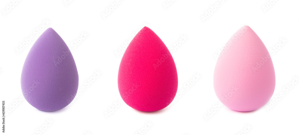 Wall mural Beauty blender isolated on white background.Bright sponges for make-up cosmetics. Makeup products. Beauty concept. Design. Collage.MOCKUP. 