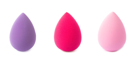 Beauty blender isolated on white background.Bright sponges for make-up cosmetics. Makeup products. Beauty concept. Design. Collage.MOCKUP. 